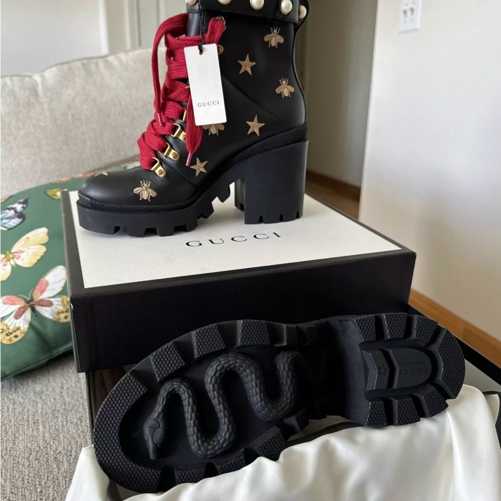 Gucci Black and Red Lace Up Combat Boots